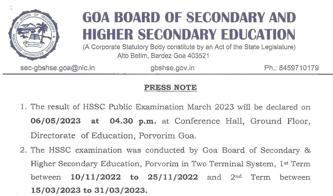 Goa HSSC Result 2023